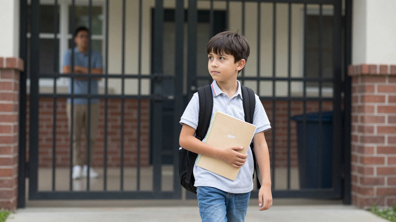 Семилетний ребёнок идёт в школу с забытой домашкой, родитель смотрит из окна.