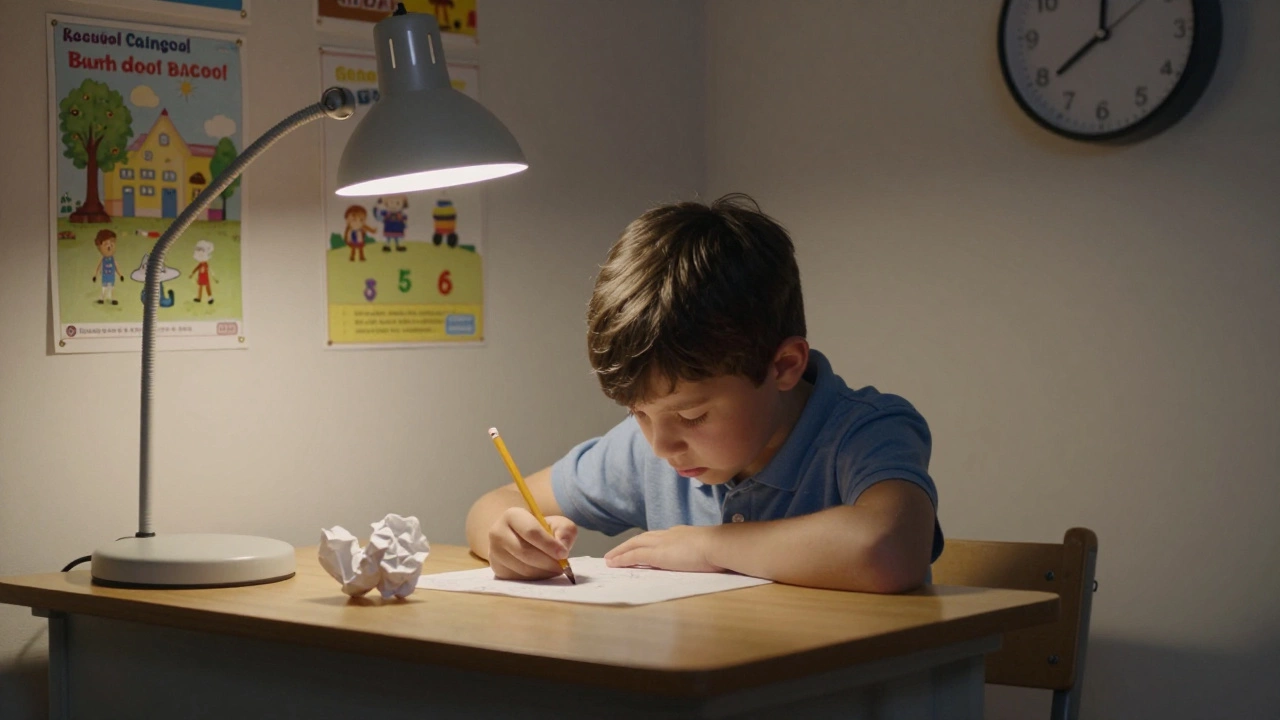 Семилетний ребенок сидит за столом, сломанный карандаш, расстроенный взгляд, тень от лампы.