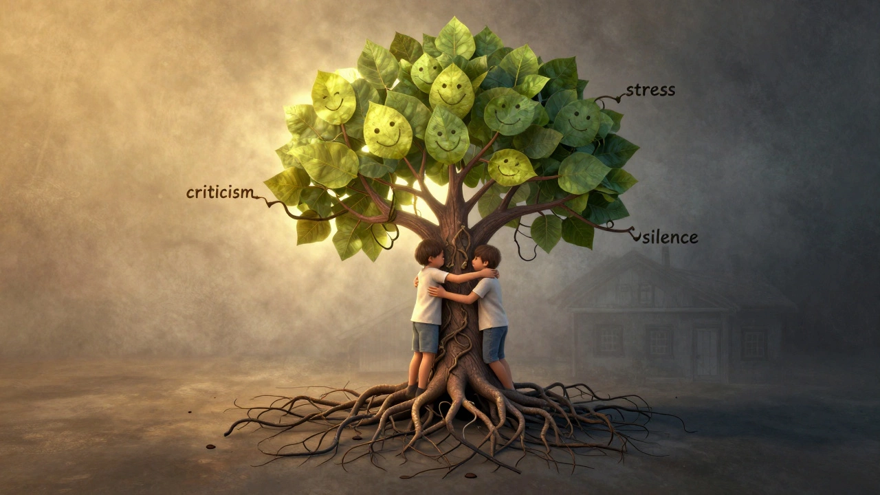 Сердце ребенка как дерево, опирающееся на любовь семьи, в окружении токсичных корней.