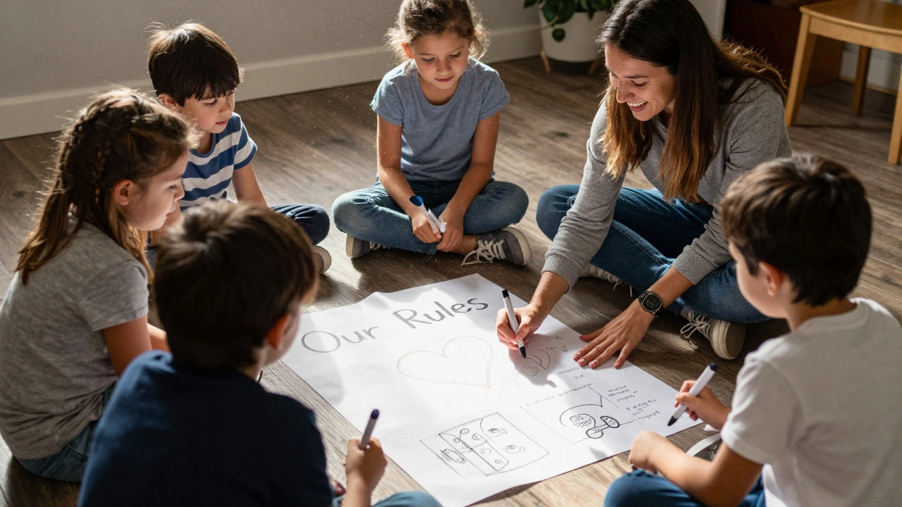 Дети вместе с воспитателем рисуют общие правила на большом листе бумаги.
