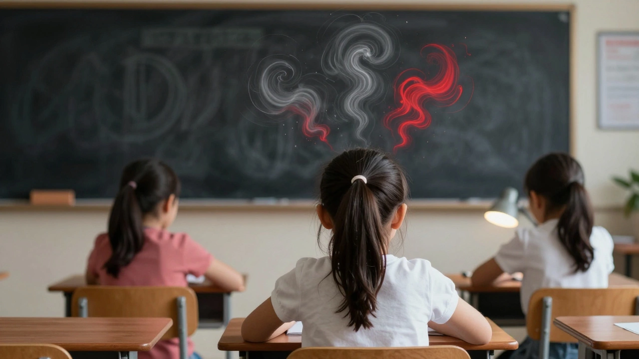 Девочка в классе, вокруг её головы — абстрактные вихри, символизирующие внутренний шум, остальные дети сосредоточены.