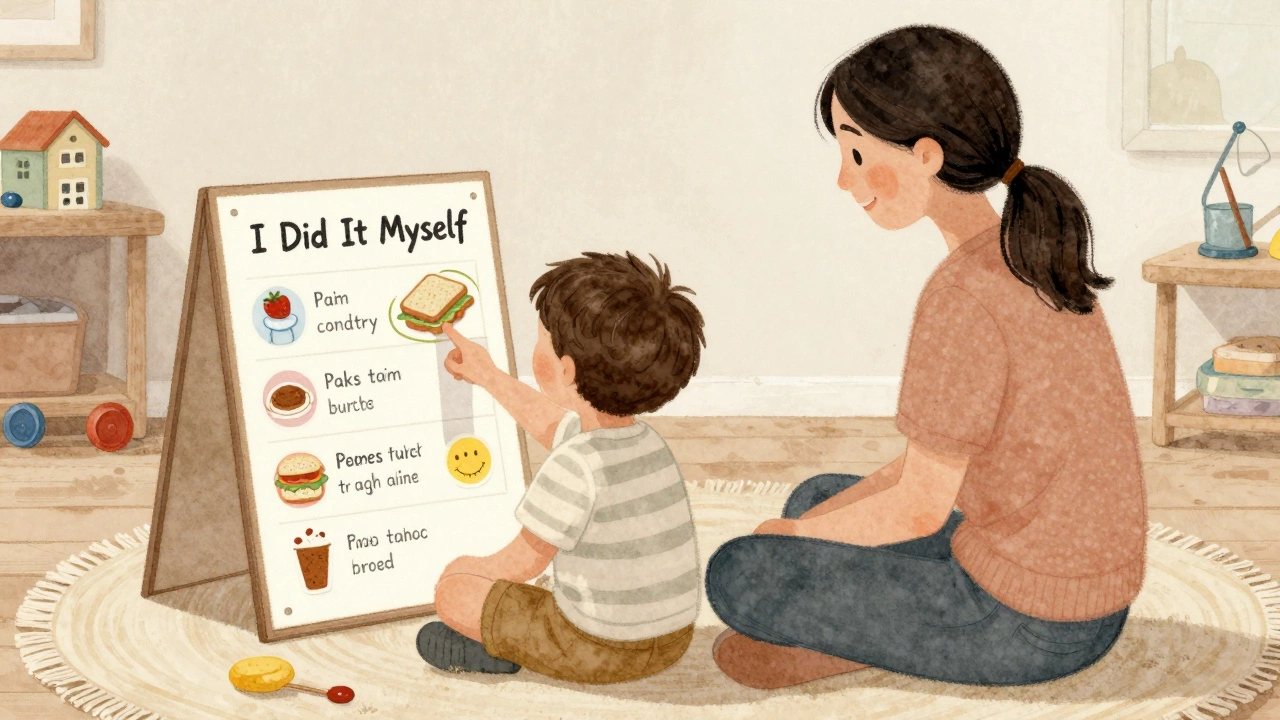 Мама и ребёнок вместе смотрят на таблицу достижений, сделанную своими руками.