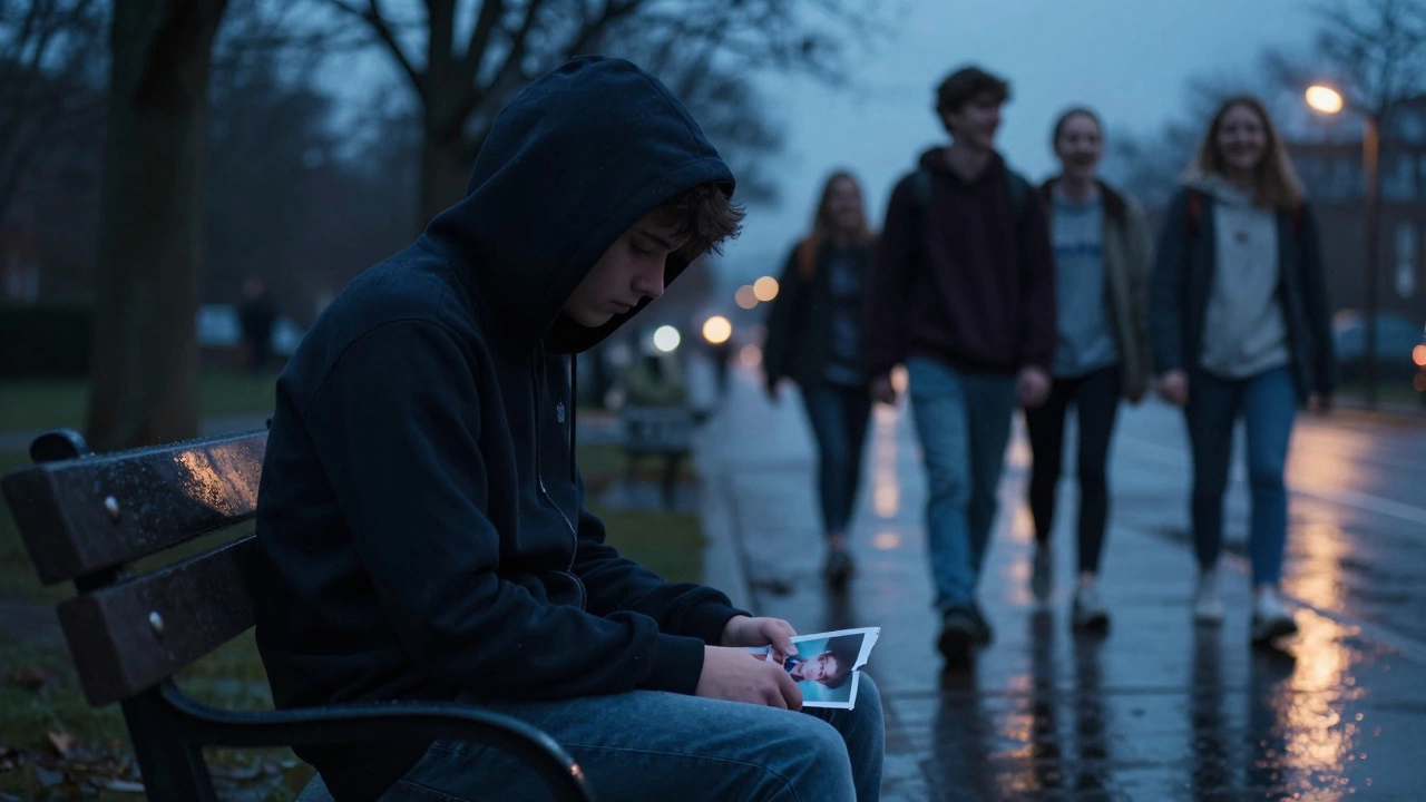 Подросток на скамейке в парке в сумерках, одинокий, с разорванной фотографией, вокруг — размытые фигуры уходящих друзей.