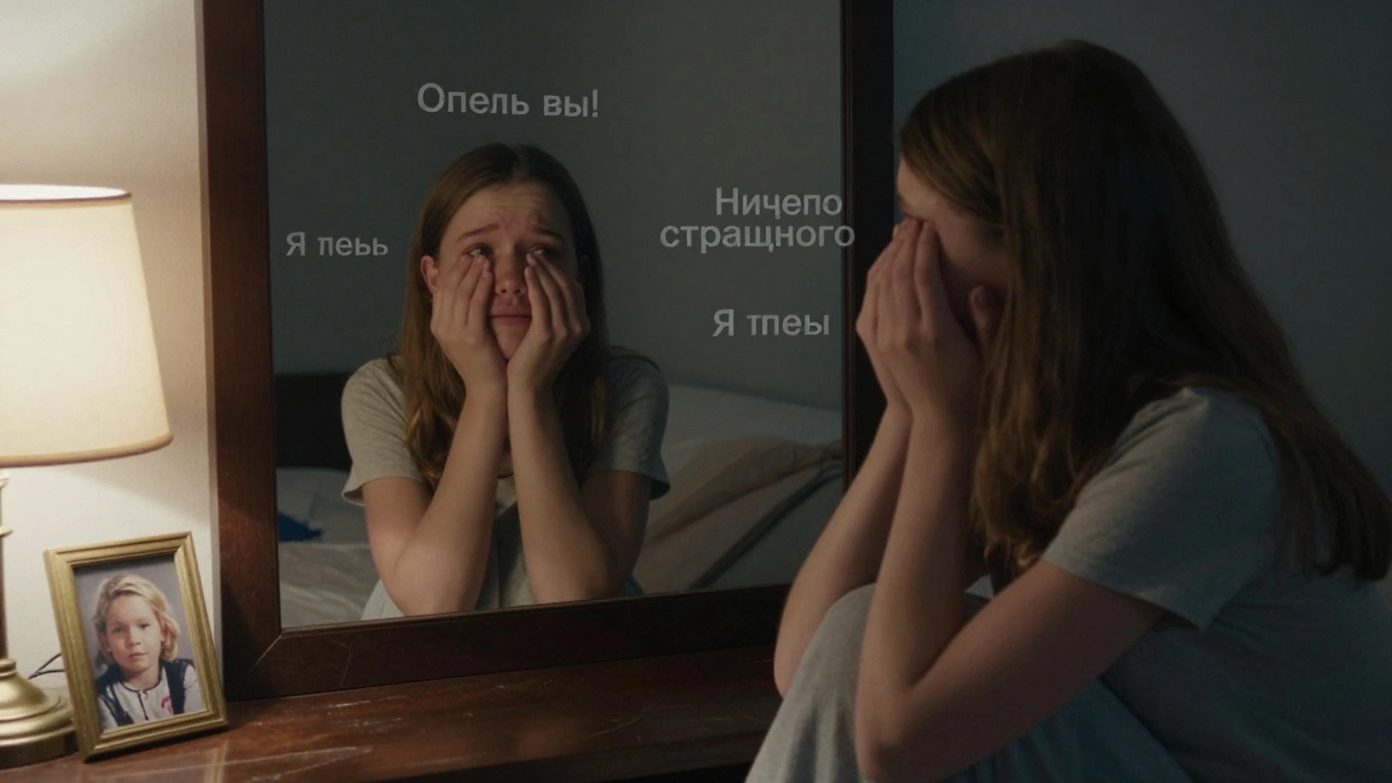 Подросток смотрит в зеркало, где над её лицом видны три голоса — критический, нейтральный и поддерживающий.