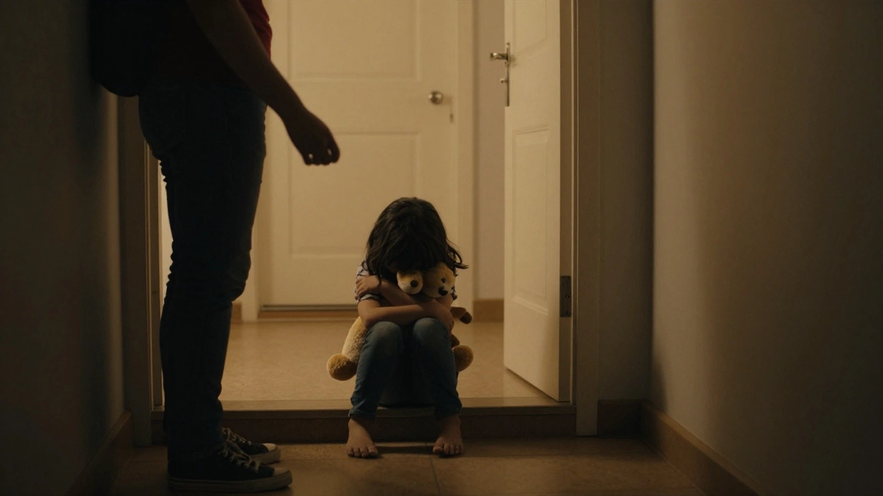 Ребёнок обнимает игрушку на ступеньке, тень родителя сзади.