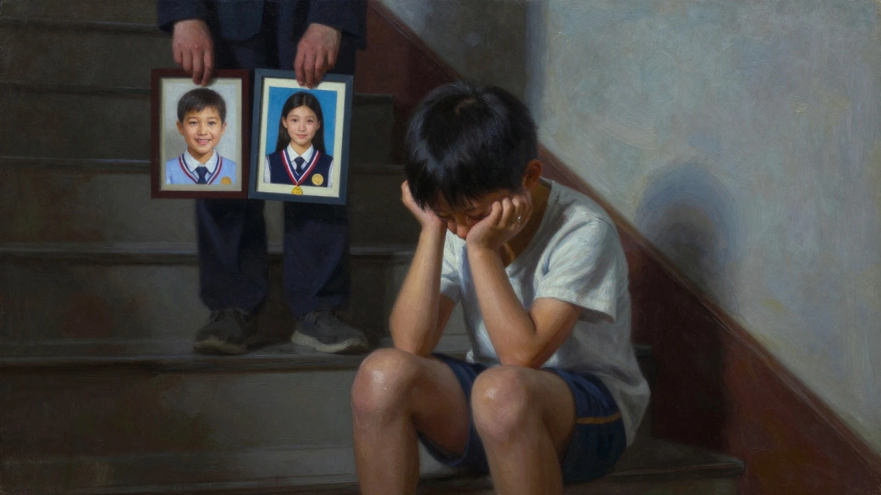 Ребенок плачет на лестнице, а на фоне — два фото: один с ним, другой с другим ребенком, символизируя сравнение.