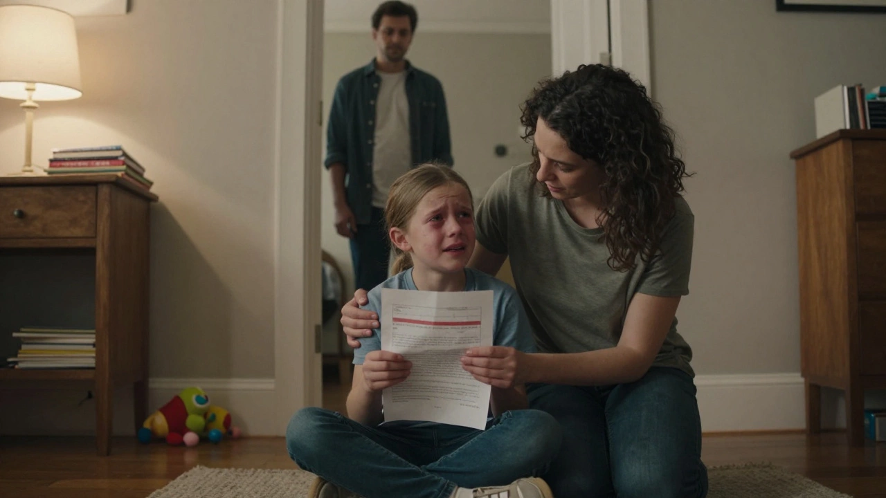 Ребёнок плачет с двойкой, мать обнимает его, отец смотрит с двери.