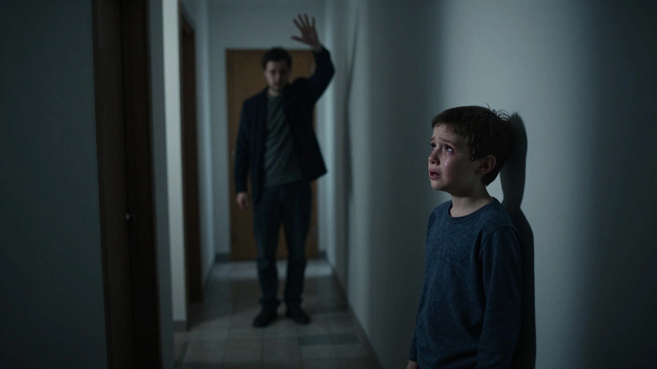 Ребёнок плачет в коридоре, родитель стоит позади с поднятой рукой, атмосфера страха.