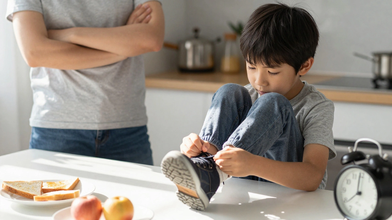 Ребенок пытается завязать шнурки, родитель наблюдает спокойно, утром, в кухне, без вмешательства.