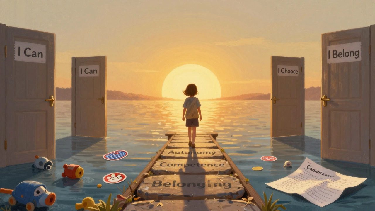 Ребёнок шагает по мосту из трёх камней — автономия, компетентность, принадлежность — к свету.