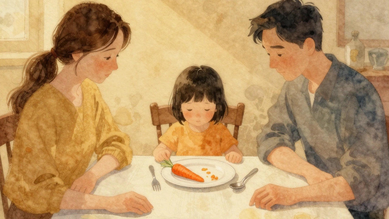 Ребёнок спокойно ест ужин, родители смотрят с тёплой улыбкой.