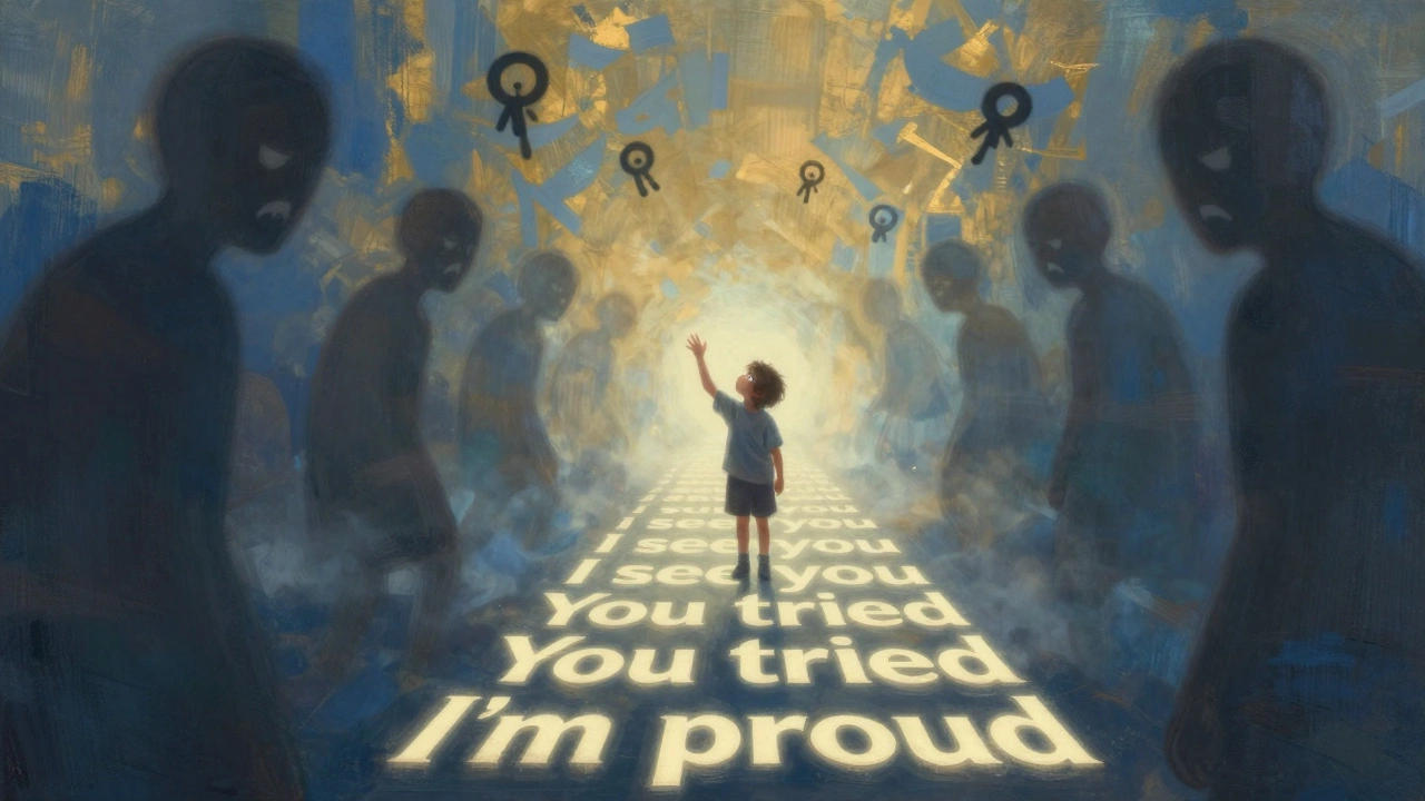 Ребёнок стоит на пути из слов признания, тени наказаний исчезают вокруг.