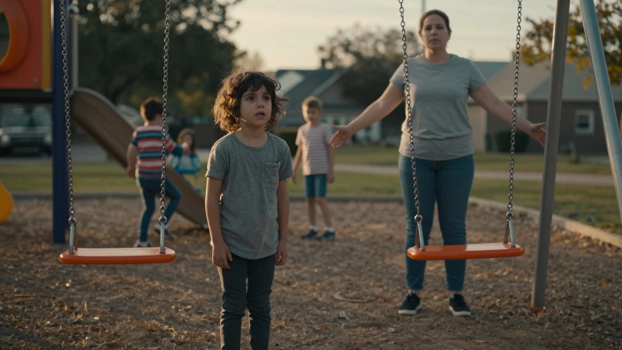 Ребёнок стоит у качелей, родитель ждёт с открытыми руками, мягкий закатный свет.
