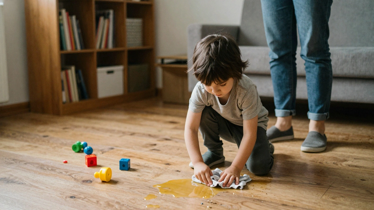 Ребёнок убирает пролитый сок, родитель спокойно наблюдает, не ругая.