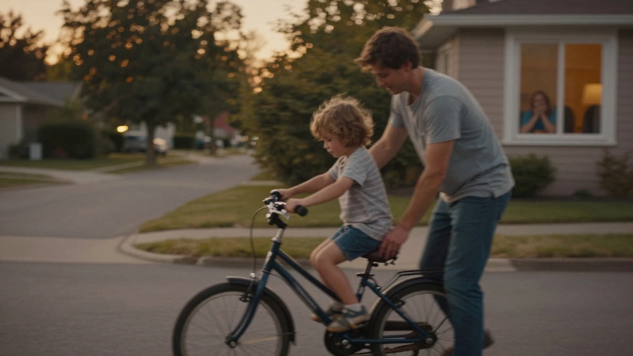 Ребёнок учится ездить на велосипеде, родитель стоит рядом в закатном свете.