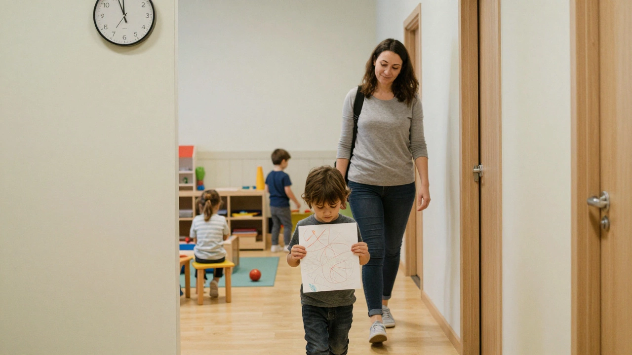 Ребёнок в детском саду встречает уставшую, но улыбающуюся мать, за окном — одинаковое время на часах.