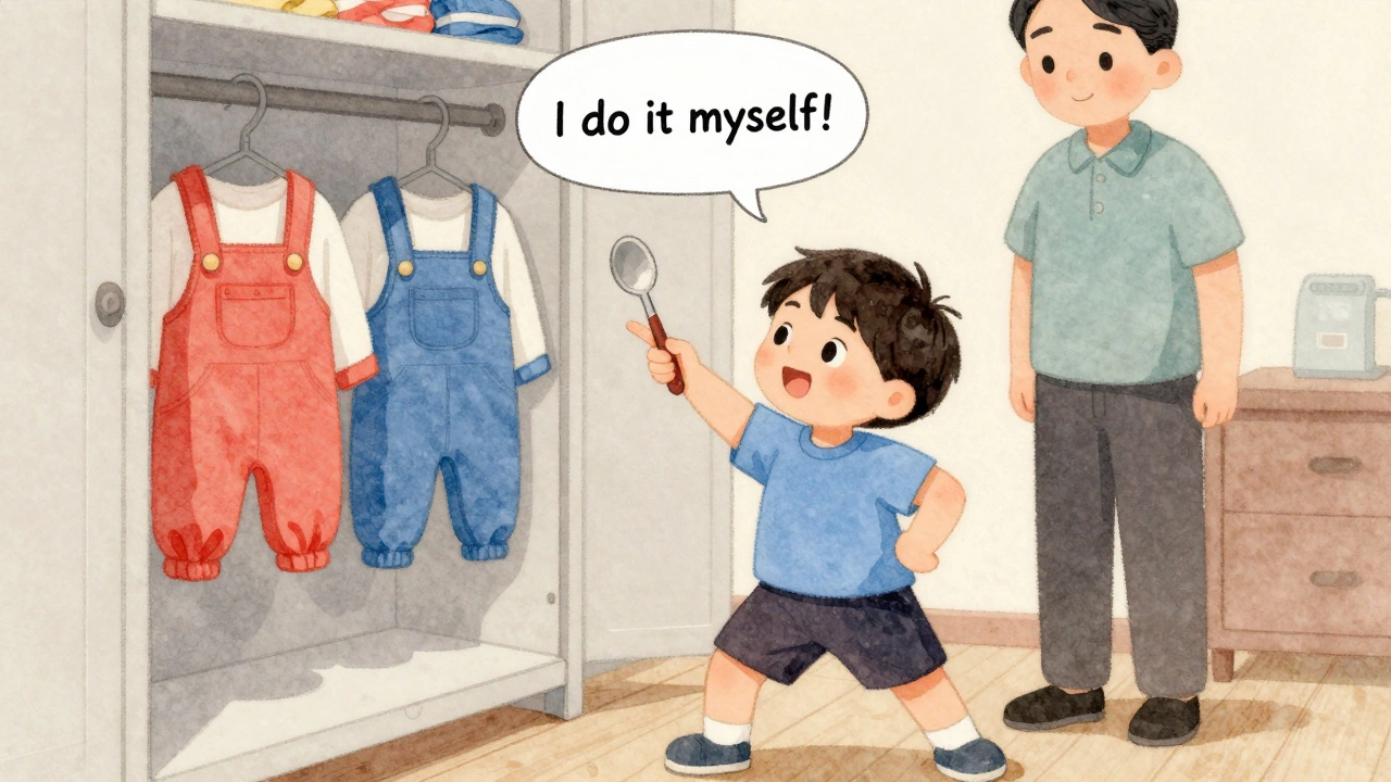 Ребёнок выбирает одежду, держит ложку как волшебную палочку.