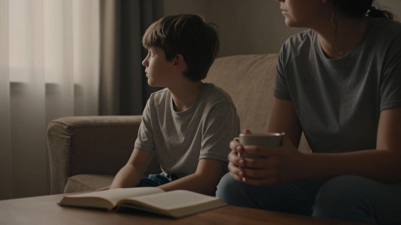 Родитель и подросток молча сидят на диване вечером, между ними — тишина и незримая связь.