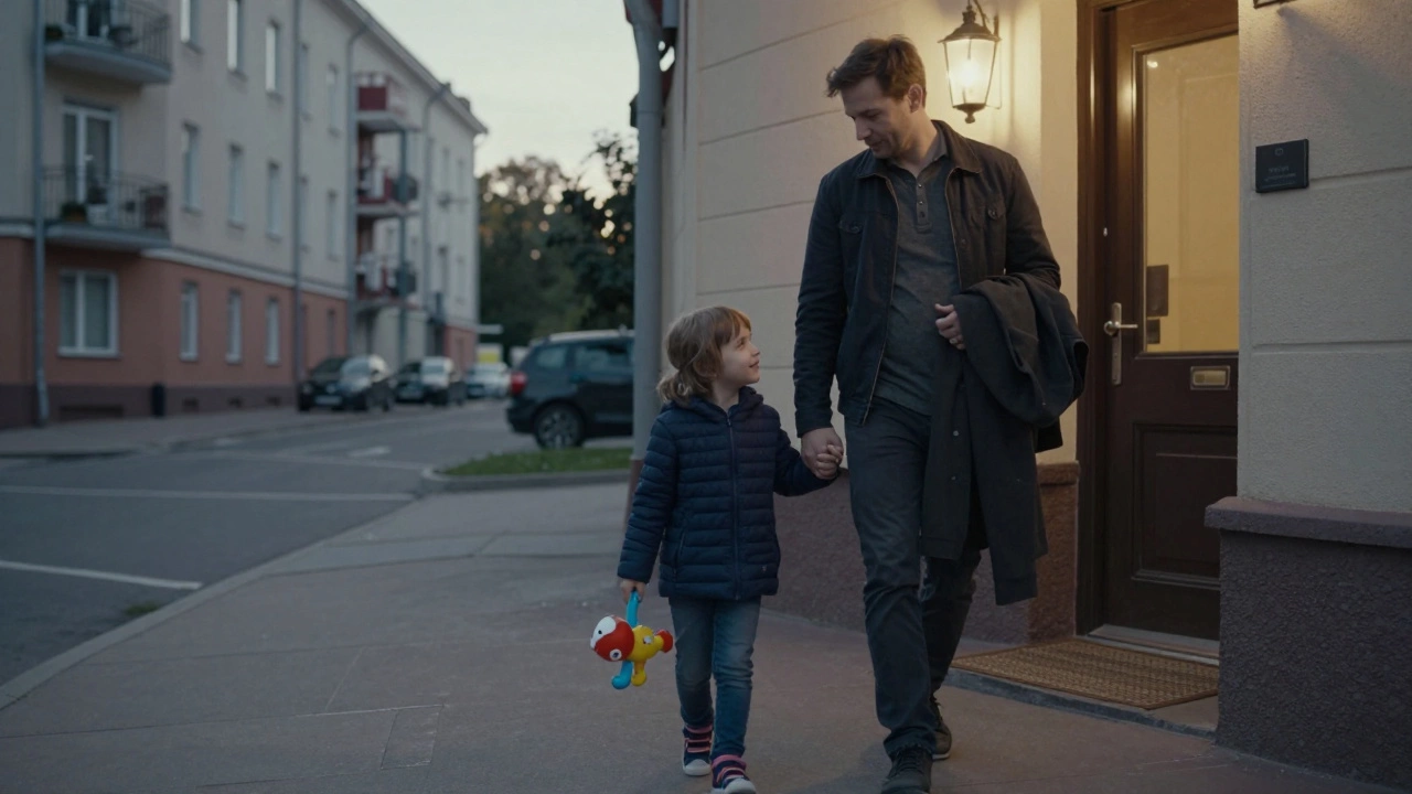 Родитель и ребенок идут к двери, ребенок выбирает игрушку, спокойная атмосфера, вечерний свет за окном, без криков и конфликтов.