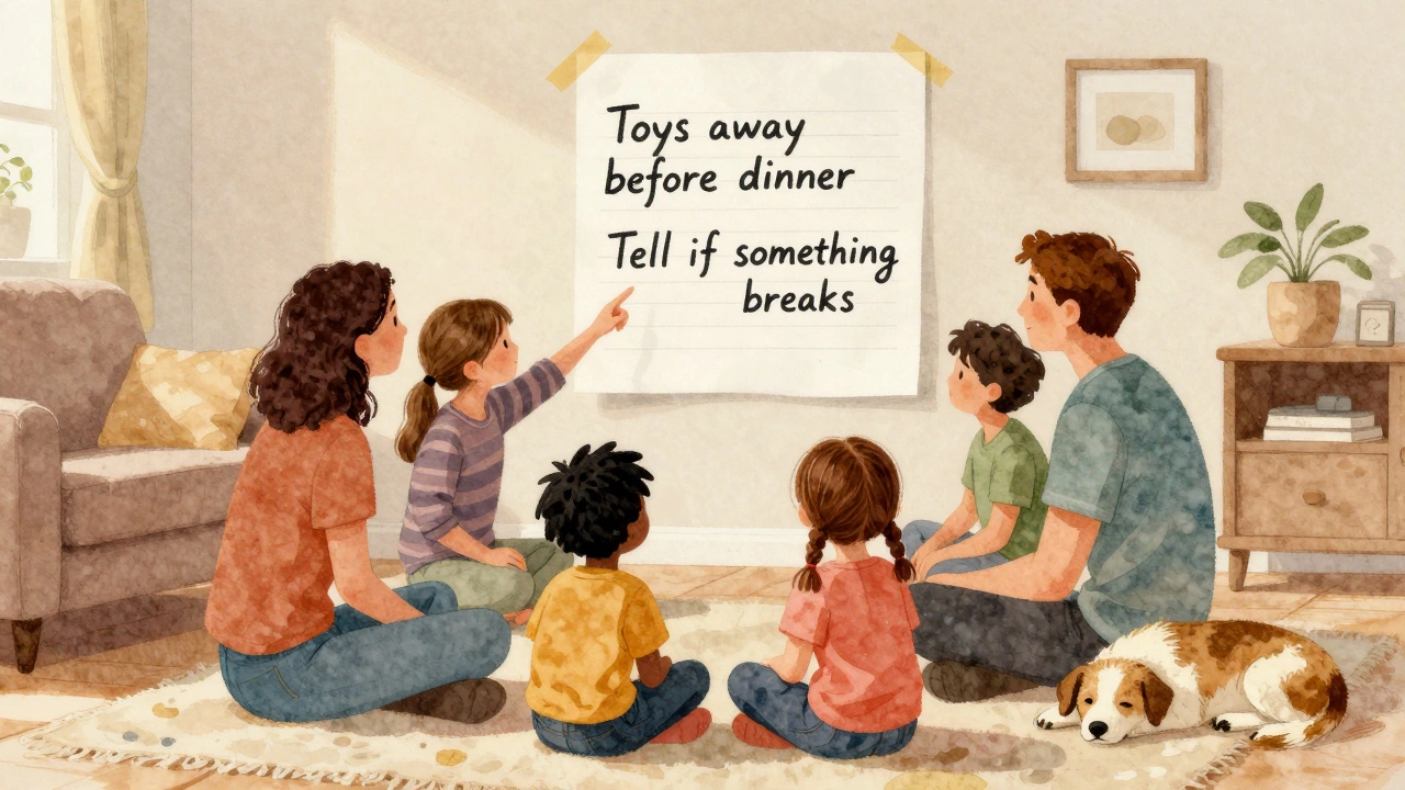 Семья обсуждает домашние правила на полу, все участники внимательно слушают.