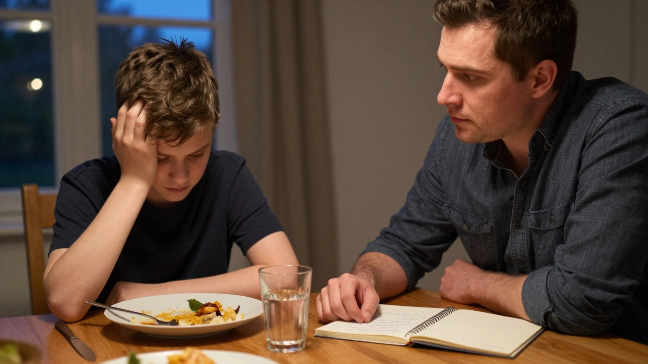 Семейный ужин: подросток признаётся в ошибке, родитель слушает спокойно и с пониманием.