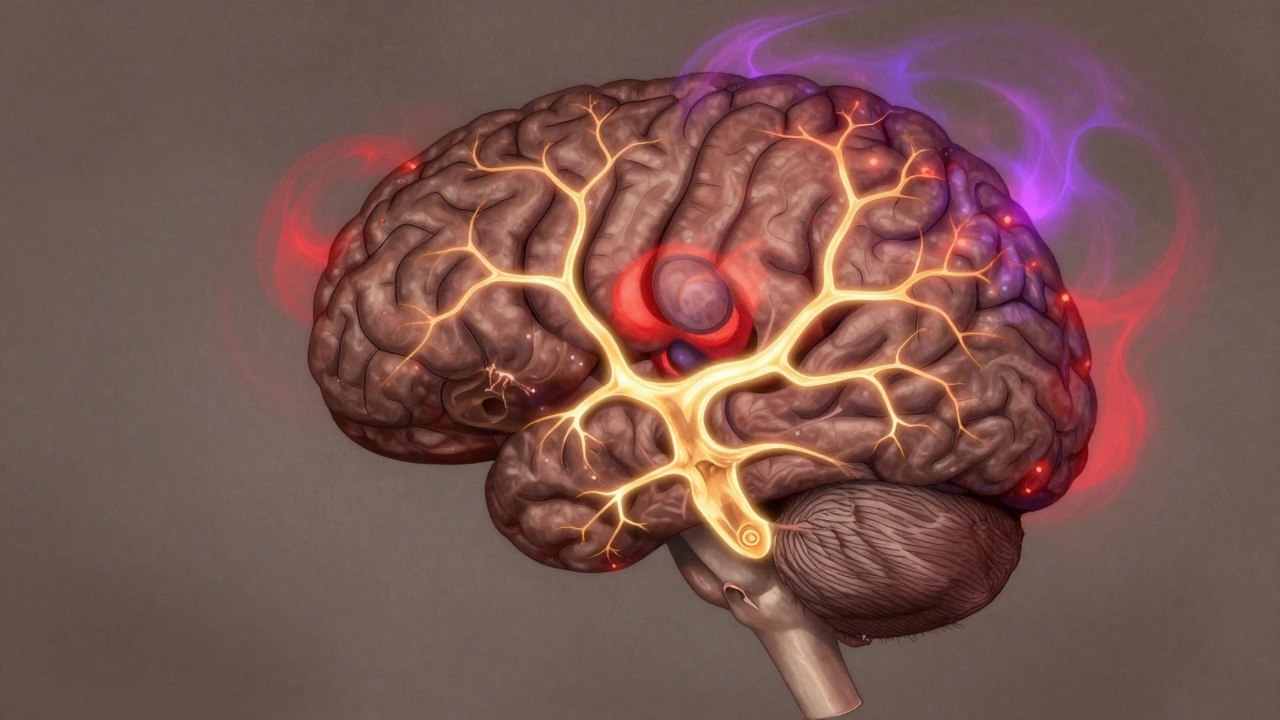 Схема подросткового мозга: ослабевающие и укрепляющиеся нейронные связи, символизирующие перестройку.