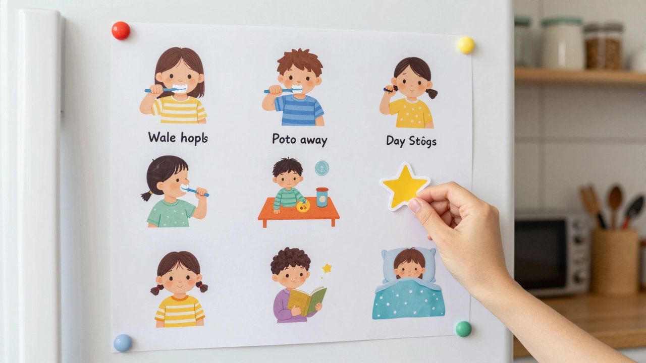 Стена с рисунками ежедневного распорядка, ребенок приклеивает наклейку, яркие простые иллюстрации на холодильнике.