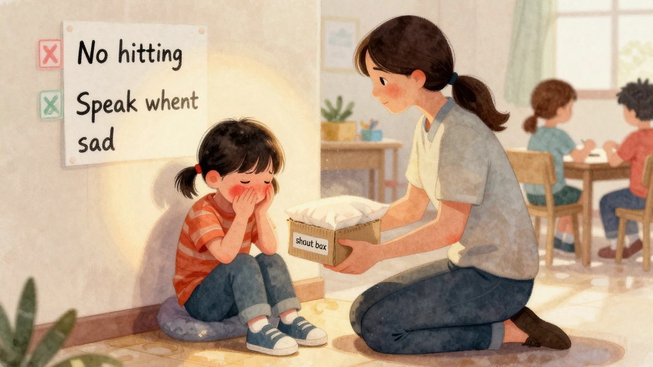 Воспитатель держит подушку и коробку для крика, рядом плачущий ребёнок.