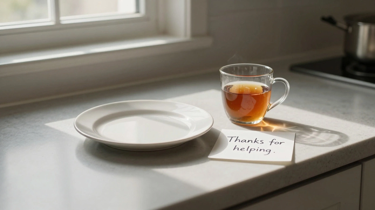 Чистая тарелка и записка 'спасибо' на кухне — символ безсловесной благодарности.