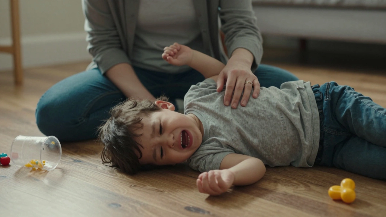 Двухлетний ребенок в истерике на полу, родитель спокойно сидит рядом.