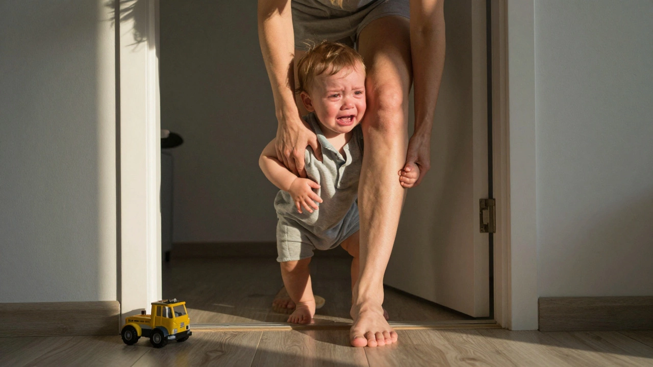 Малыш цепляется за ногу матери, плача от страха разлуки.