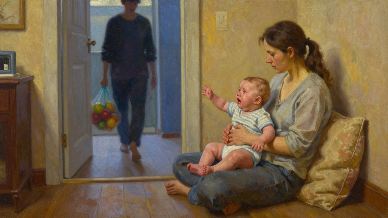 Мама сидит на полу с ребенком, который тянется к двери, в комнате тепло и уютно.