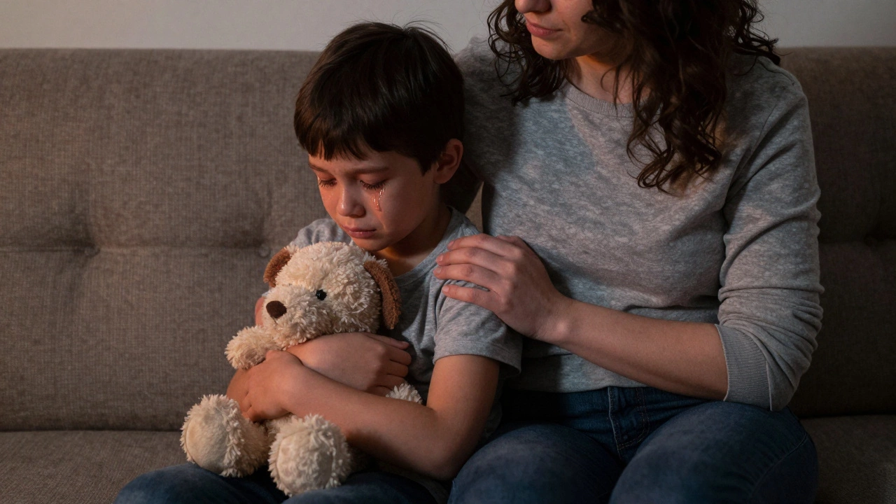 Мать и ребёнок на диване вечером, ребёнок плачет, мать обнимает его.