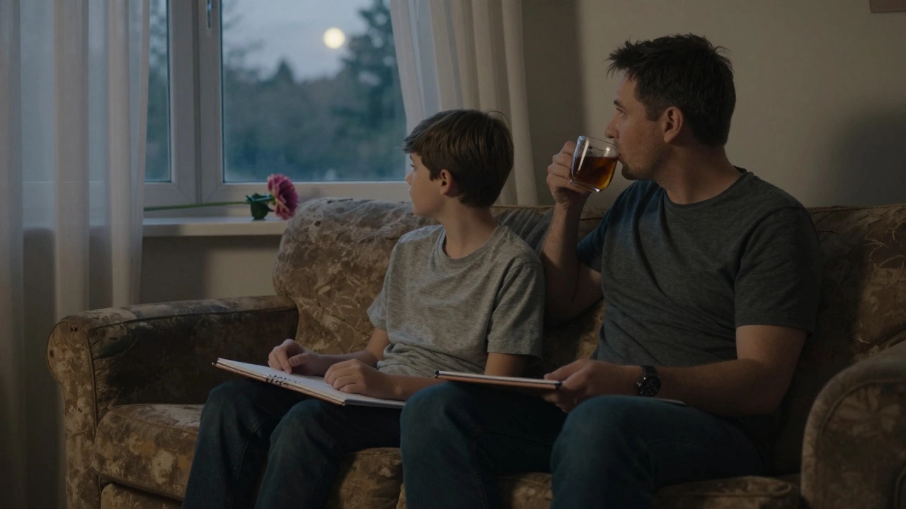 Отец и подросток сидят вместе у окна в тишине, без слов, но с глубокой близостью.