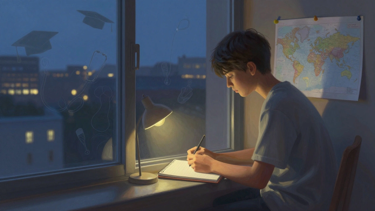 Подросток смотрит в окно на закате, вокруг него мерцают образы будущих путей, но он одиноко сидит с пустой тетрадью.