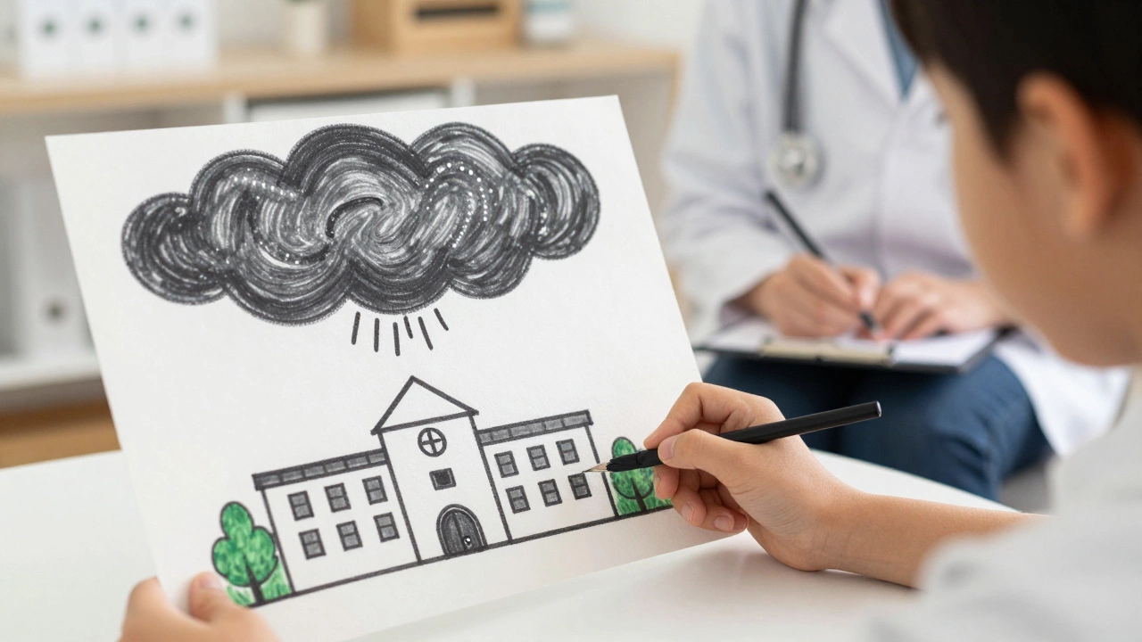 Ребёнок рисует тучу над школой, психолог наблюдает за ним тихо.
