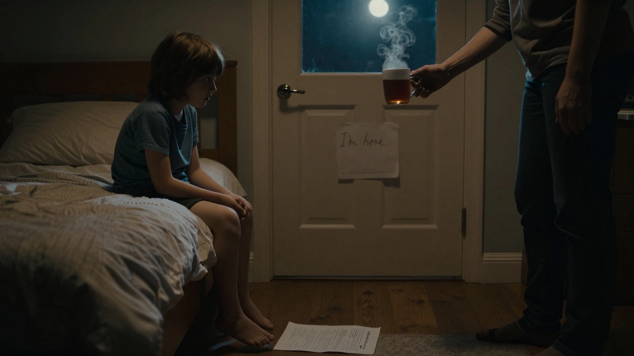 Ребёнок смотрит на проваленный тест, родитель предлагает чашку чая без слов, в тёплом свете ночи.