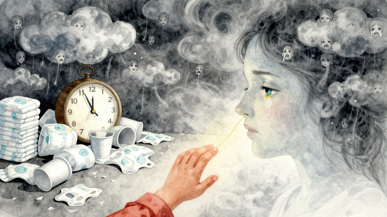 Ребёнок тянется к силуэту матери, вокруг — тучи из плачущих лиц и тающие часы.