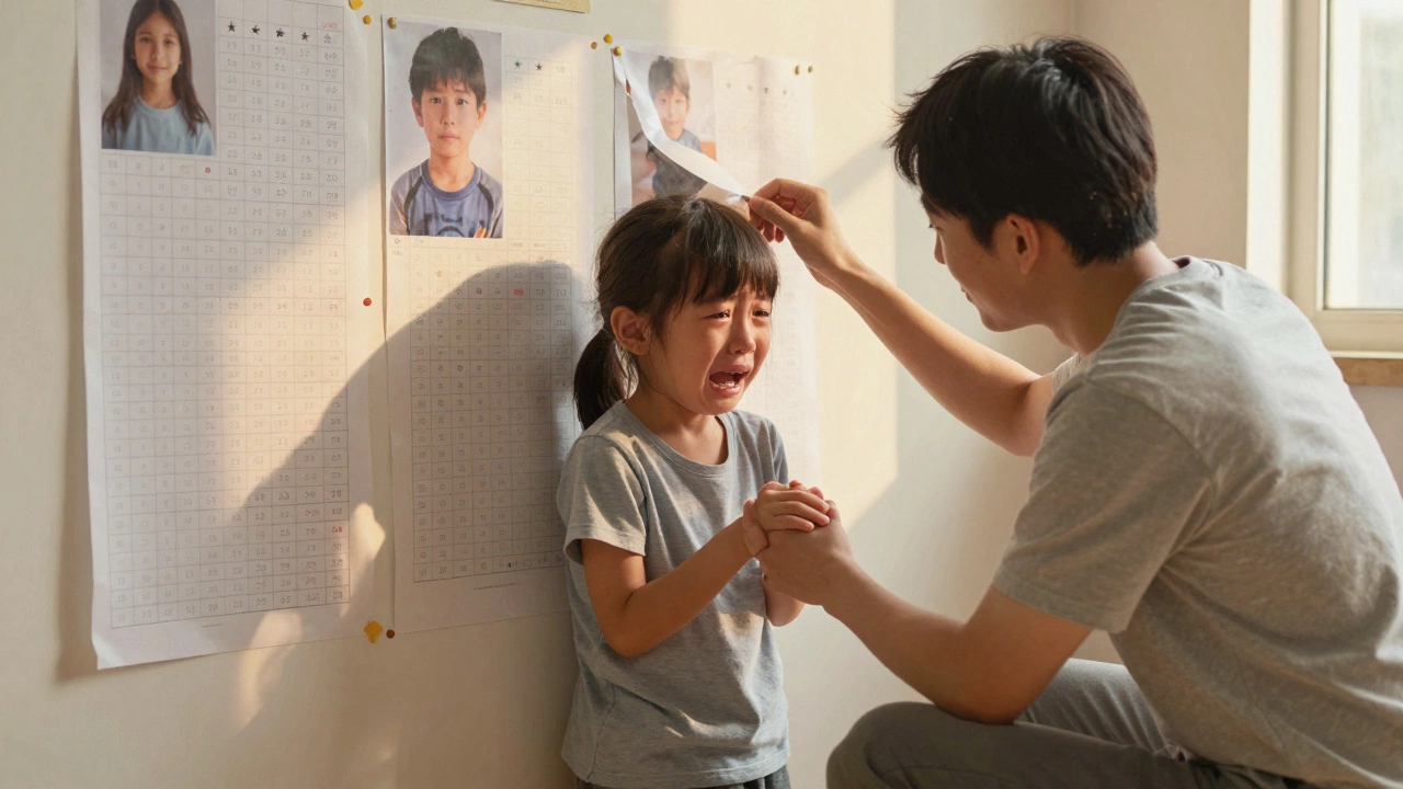 Родитель берёт ребёнка за руку, снимая с стены таблички с сравнениями других детей.