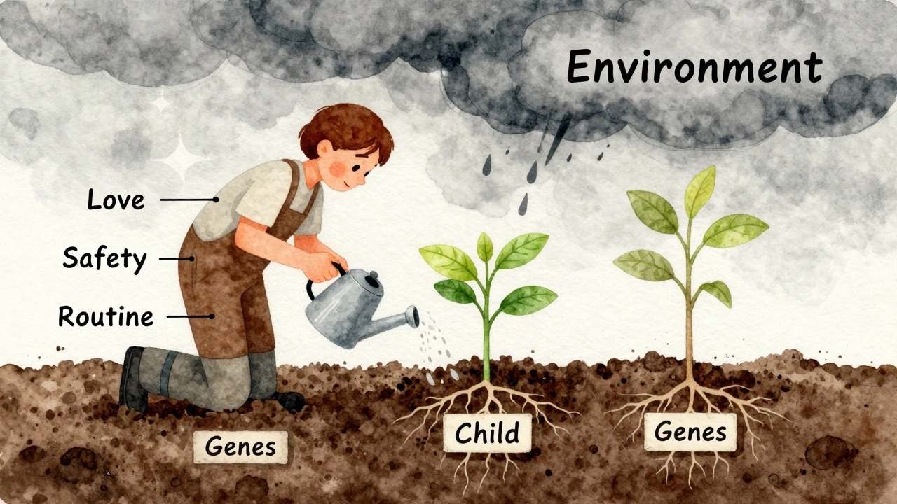 Воспитатель ухаживает за саженцем, обозначенным как 'Ребёнок', поливая его любовью и безопасностью, чтобы гены раскрылись лучше.
