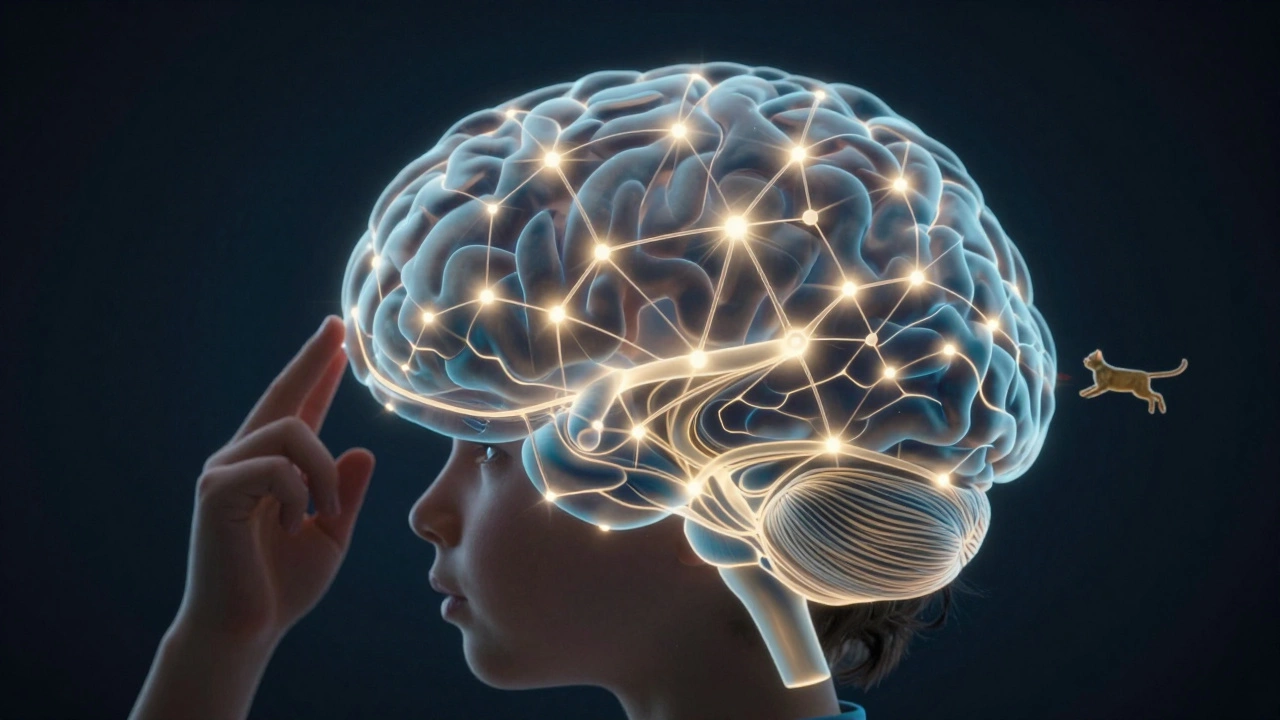 Абстрактное изображение мозга ребёнка с активными нейронными связями.