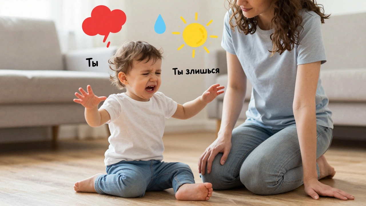 Двухлетний ребенок в капризе, родитель спокойно называет его эмоцию — символы чувств вокруг.