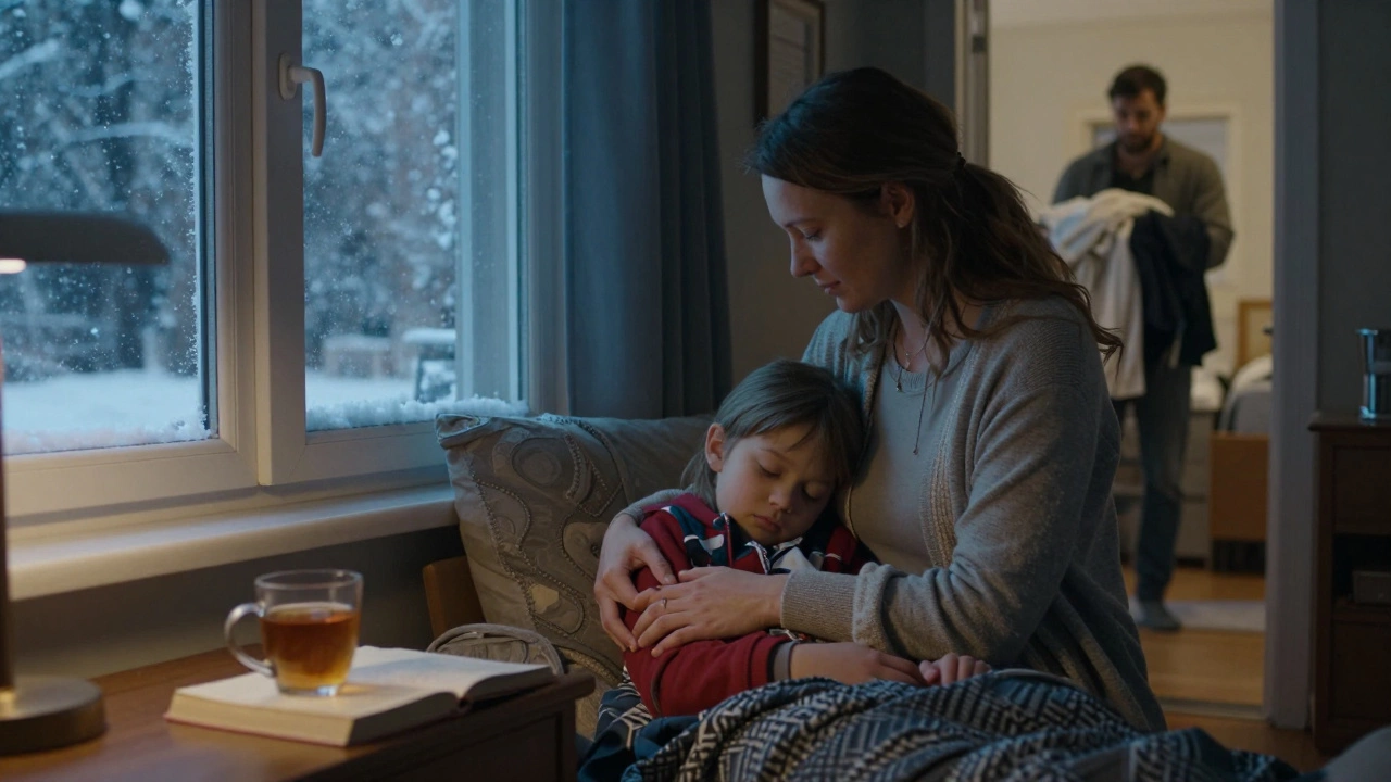 Мать сидит с больным ребёнком ночью, тихая забота в спальне.