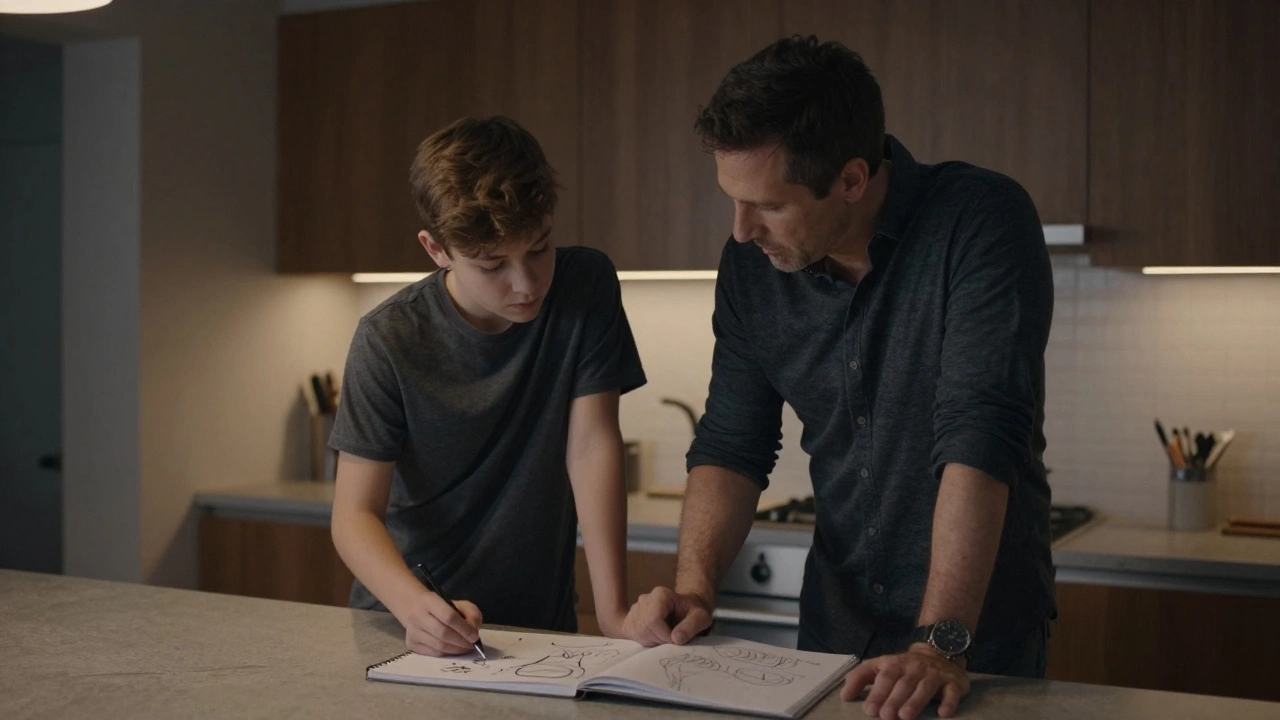 Подросток беседует с родителем о планах на кухне вечером.