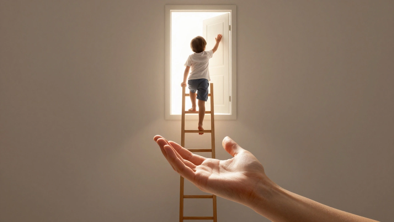 Ребёнок лезет по лестнице, чувствуя поддержку тёплой руки снизу.