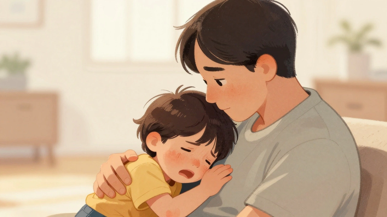 Ребёнок плачет, прижимаясь к родителю, который ласково его обнимает.