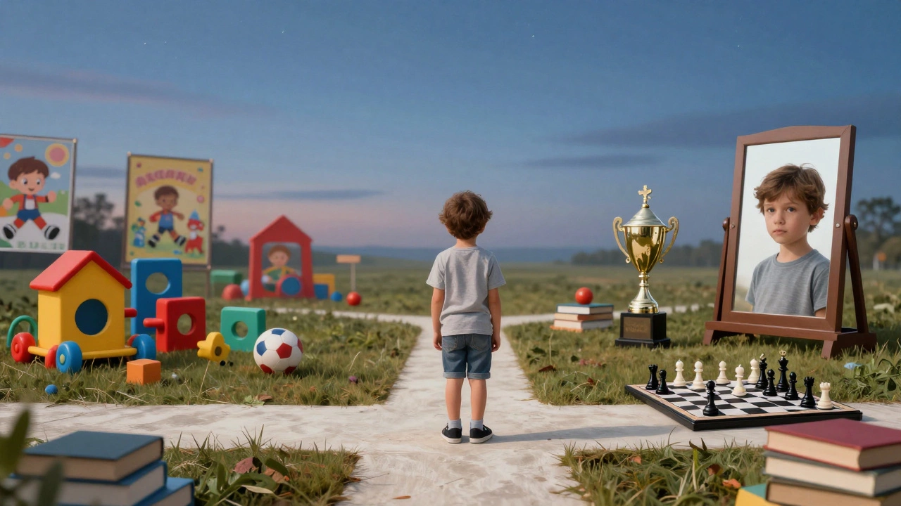 Ребёнок стоит на перекрёстке: позади — игрушки, вперёд — книги, шахматы и зеркало, символизируя переход к взрослению.