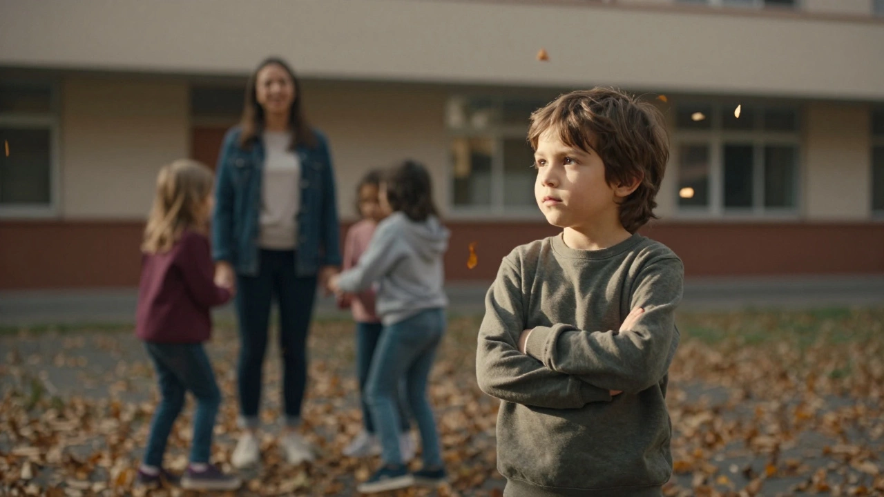 Ребёнок стоит один на школьном дворе, родитель наблюдает с заботой, осенние листья вокруг.