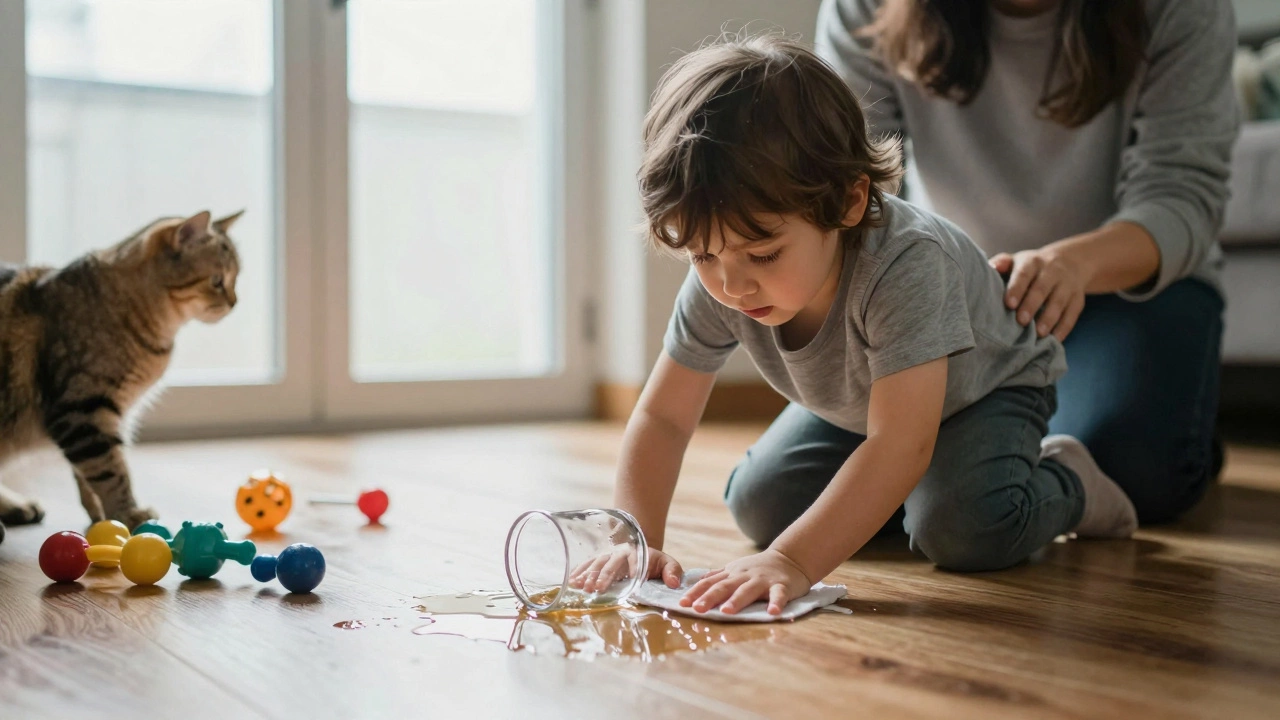 Ребёнок убирает пролитую воду, игрушки разбросаны рядом.