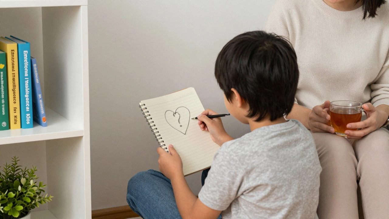 Ребёнок в тихом уголке дома рисует, а родитель рядом, не говоря, просто присутствует.
